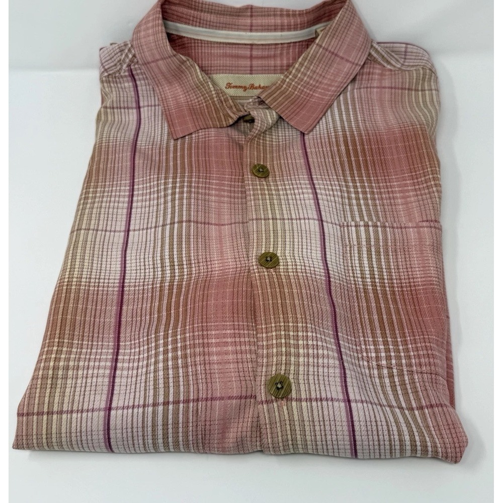 Tommy Bahama Short Sleeve Plaid Peach/Pink/Tan‎ Shirt 100% Silk Lrg